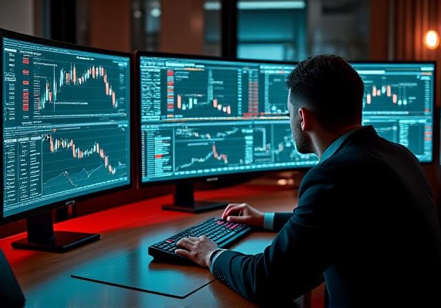 Professional trader analyzing risk metrics on multiple screens
