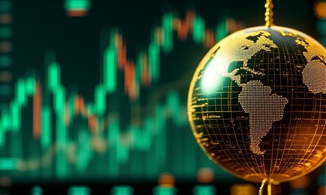 A split visual showing mathematical charts vs. a conceptual economic globe