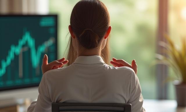 A person in a calm, focused meditative pose in front of financial data