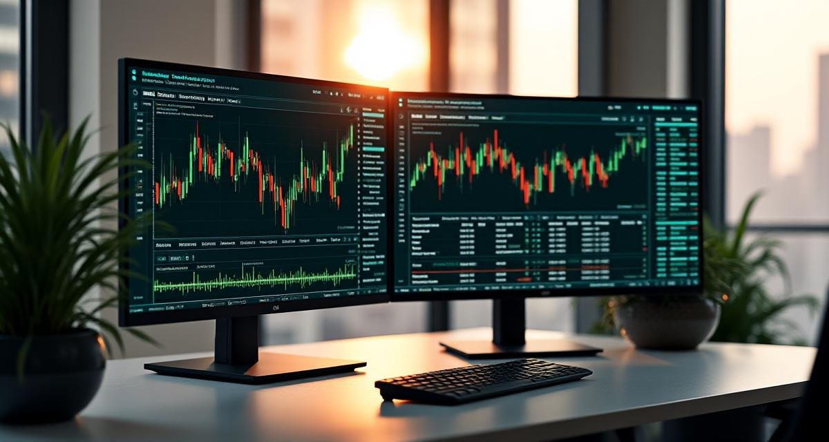 Close-up of a high-end trading setup with multiple monitors showing stock charts and financial reports