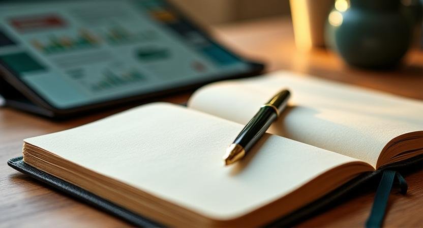 A professional notebook and financial charts symbolizing discipline
